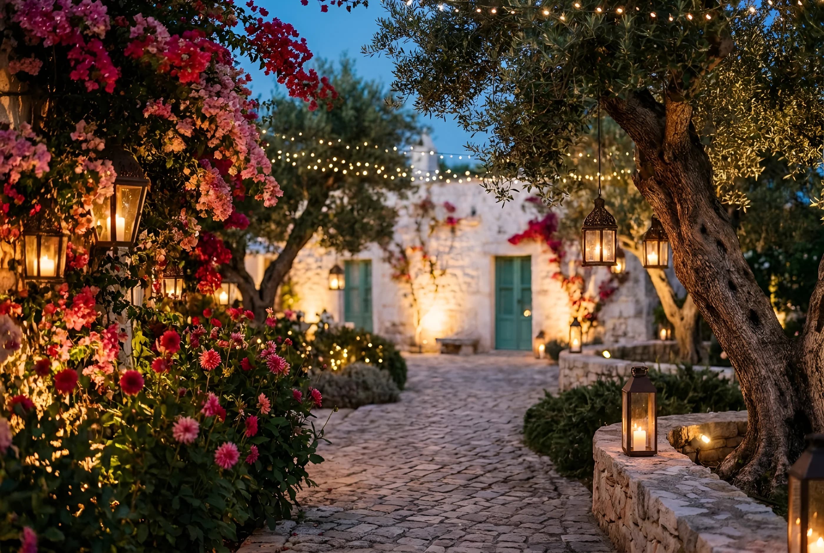 Lantern light along a whitewashed Andalusian courtyard at dusk