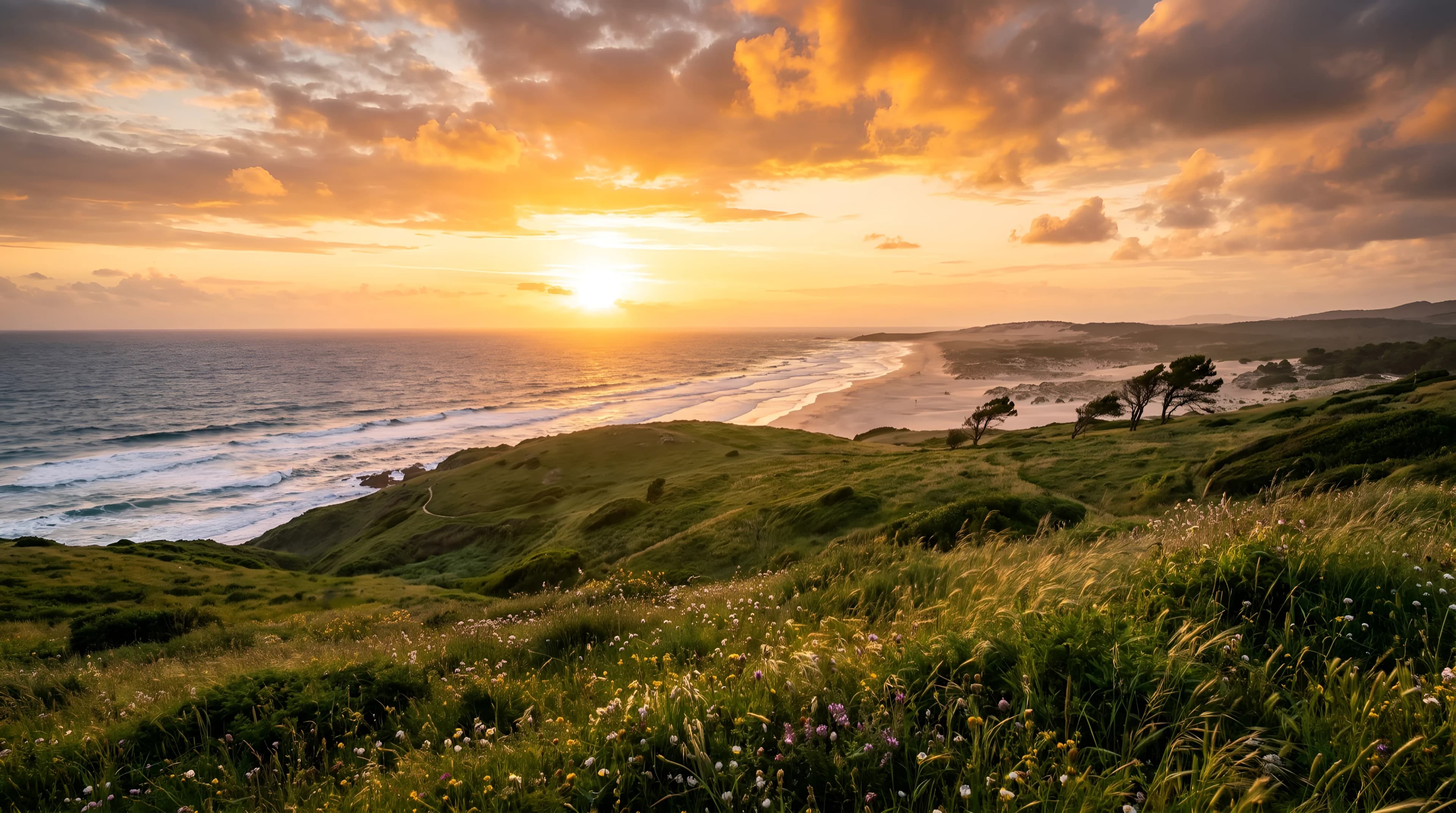 The Atlantic coast at sunset, looking along the shore