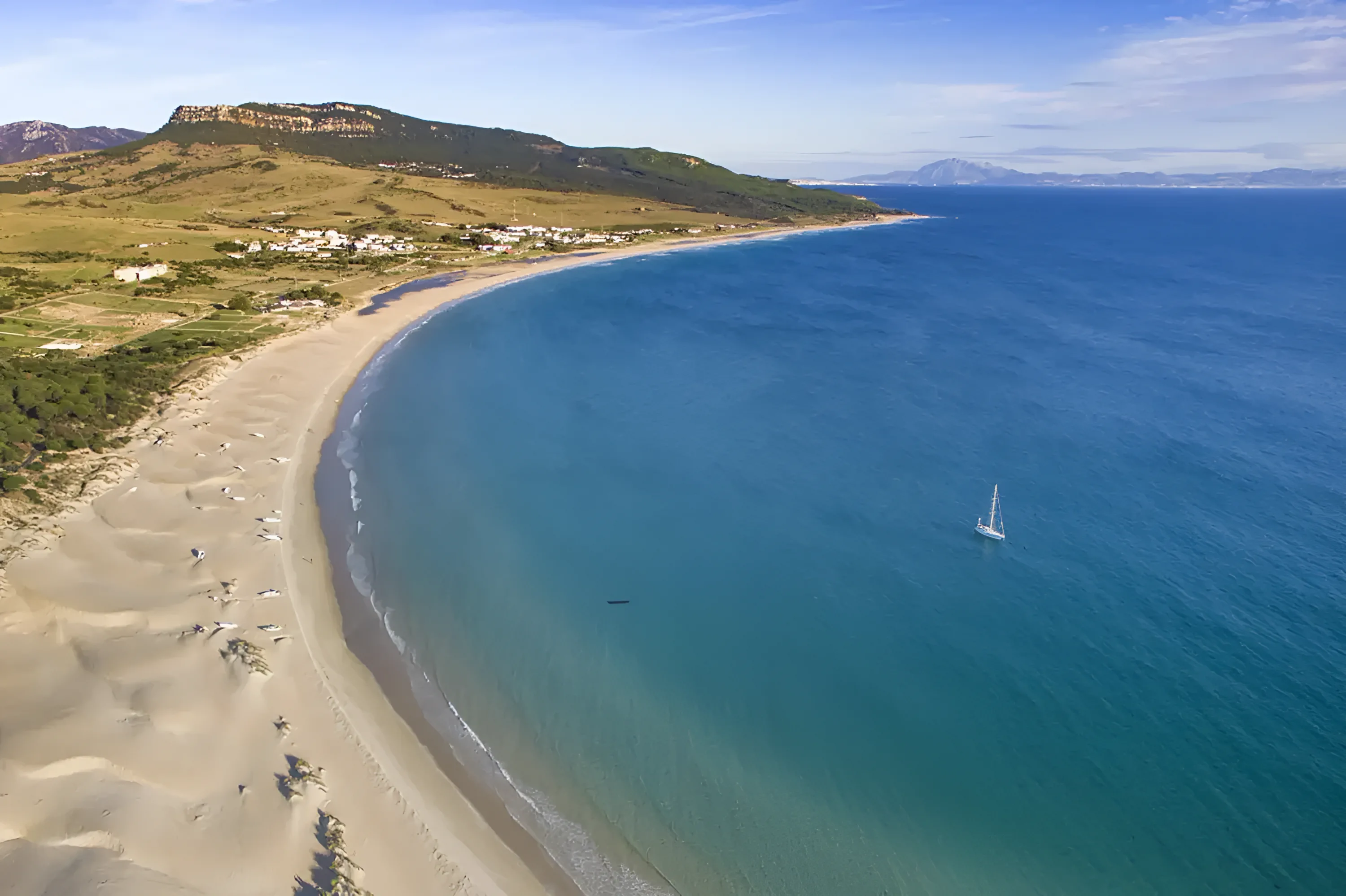 Valdevaqueros beach and the dunes from the air, beside the resort